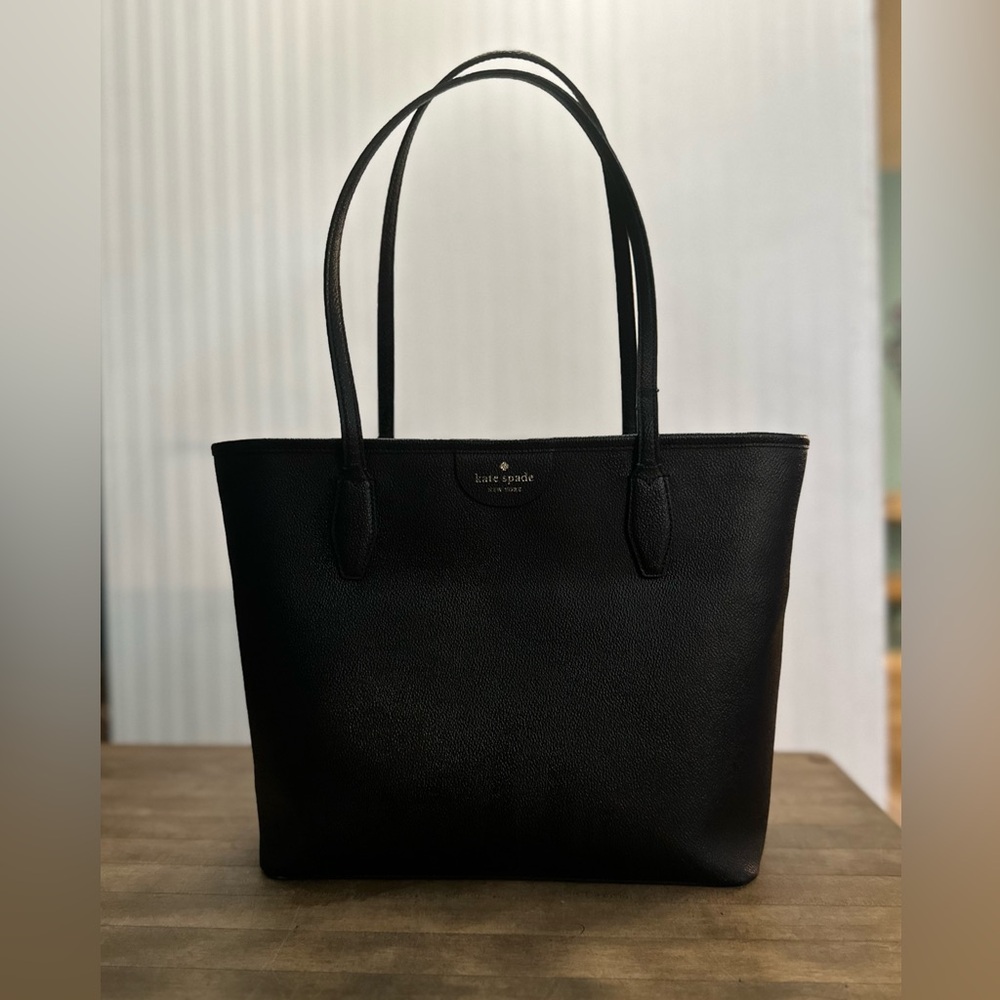 Kate Spade  ♠️ Large Black Leather Lori Zip Top Tote Bag Purse